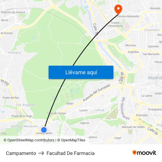 Campamento to Facultad De Farmacia map