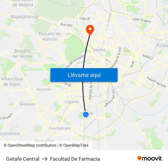 Getafe Central to Facultad De Farmacia map