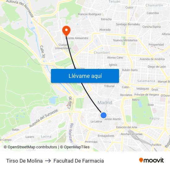 Tirso De Molina to Facultad De Farmacia map