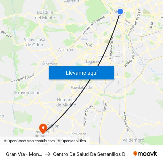 Gran Vía - Montera to Centro De Salud De Serranillos Del Valle map