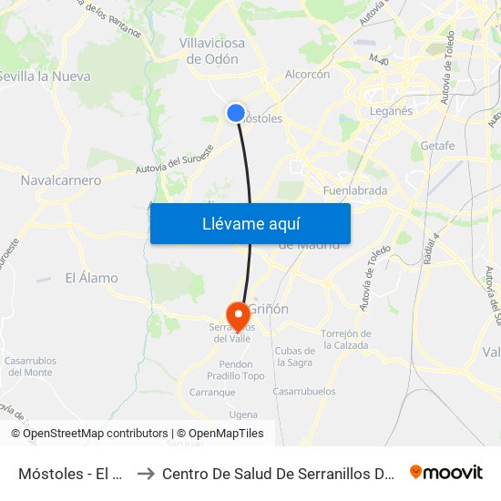 Móstoles - El Soto to Centro De Salud De Serranillos Del Valle map