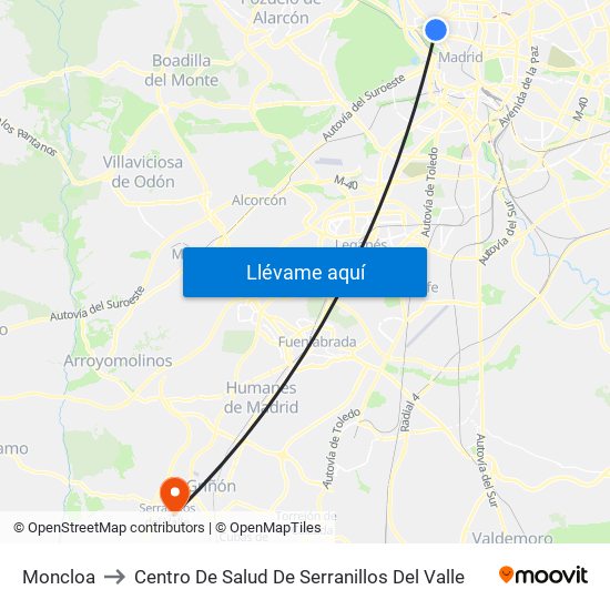 Moncloa to Centro De Salud De Serranillos Del Valle map