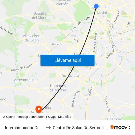 Intercambiador De Moncloa to Centro De Salud De Serranillos Del Valle map