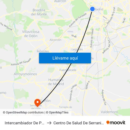 Intercambiador De Príncipe Pío to Centro De Salud De Serranillos Del Valle map