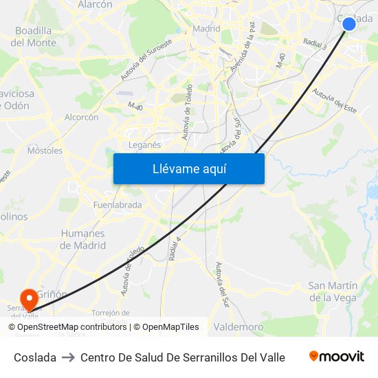 Coslada to Centro De Salud De Serranillos Del Valle map
