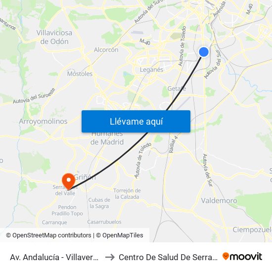 Av. Andalucía - Villaverde Bajo Cruce to Centro De Salud De Serranillos Del Valle map