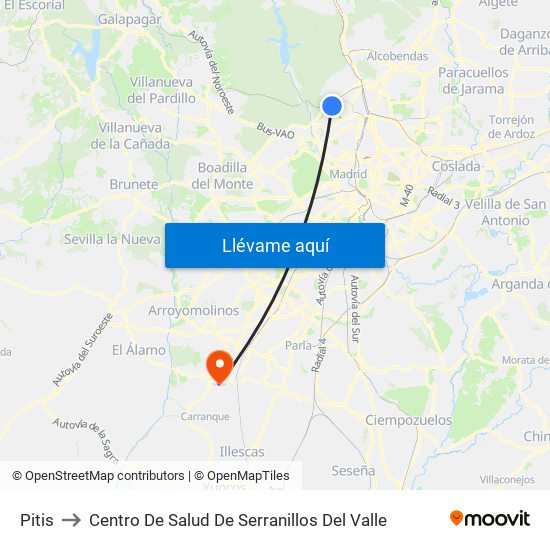 Pitis to Centro De Salud De Serranillos Del Valle map