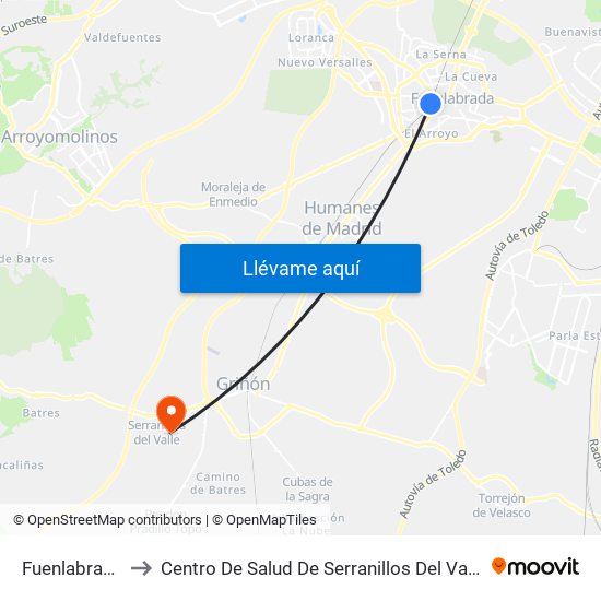 Fuenlabrada to Centro De Salud De Serranillos Del Valle map