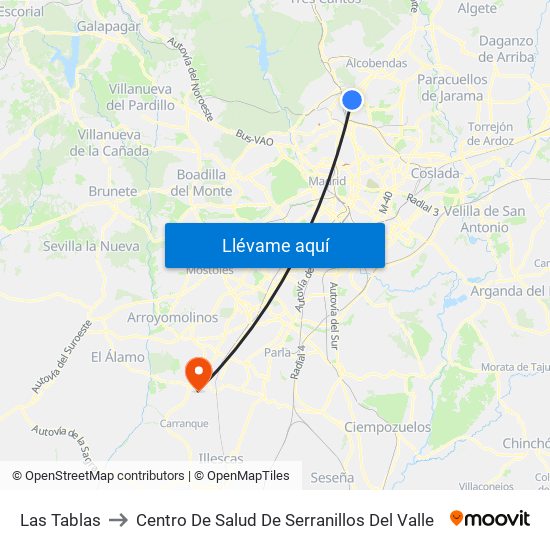 Las Tablas to Centro De Salud De Serranillos Del Valle map