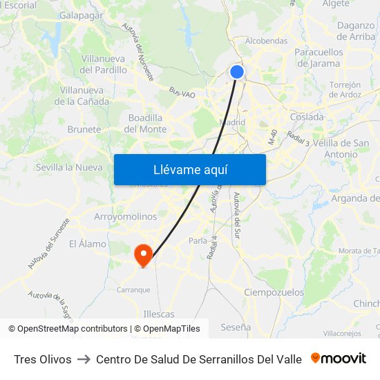 Tres Olivos to Centro De Salud De Serranillos Del Valle map