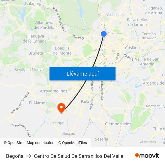 Begoña to Centro De Salud De Serranillos Del Valle map