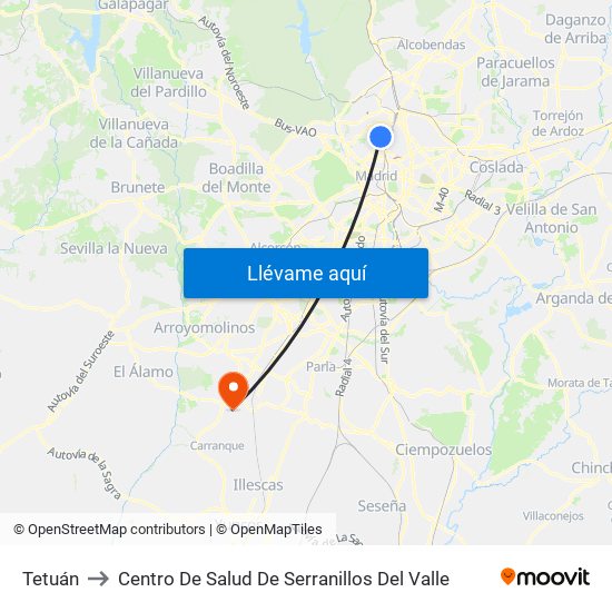Tetuán to Centro De Salud De Serranillos Del Valle map