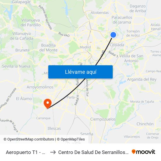 Aeropuerto T1 - T2 - T3 to Centro De Salud De Serranillos Del Valle map