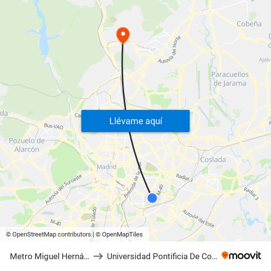 Metro Miguel Hernández to Universidad Pontificia De Comillas map