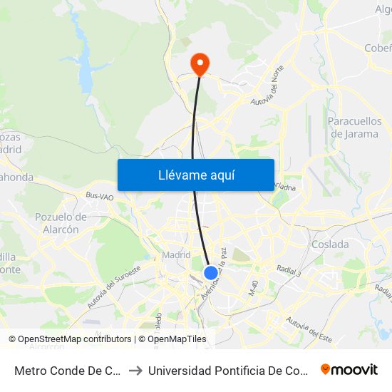 Metro Conde De Casal to Universidad Pontificia De Comillas map