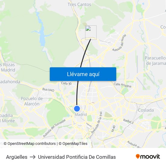Argüelles to Universidad Pontificia De Comillas map