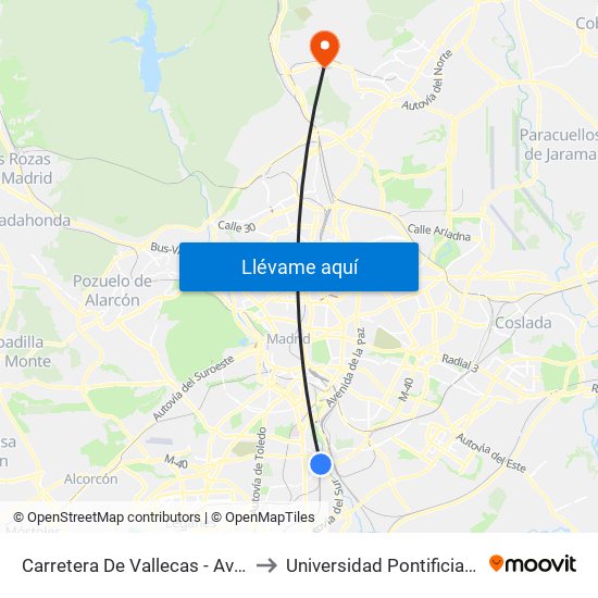 Carretera De Vallecas - Avenida Rosales to Universidad Pontificia De Comillas map