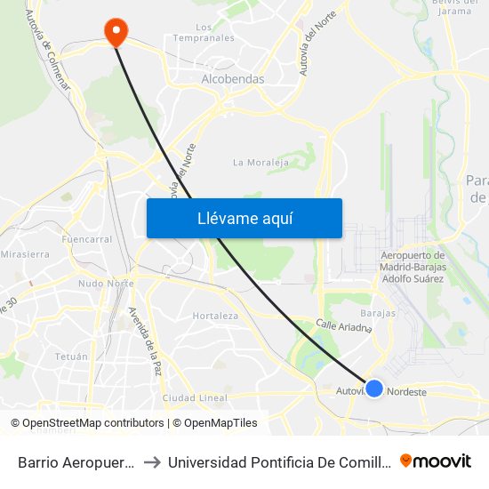 Barrio Aeropuerto to Universidad Pontificia De Comillas map
