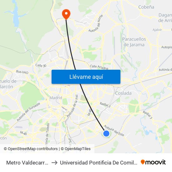 Metro Valdecarros to Universidad Pontificia De Comillas map