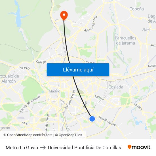 Metro La Gavia to Universidad Pontificia De Comillas map