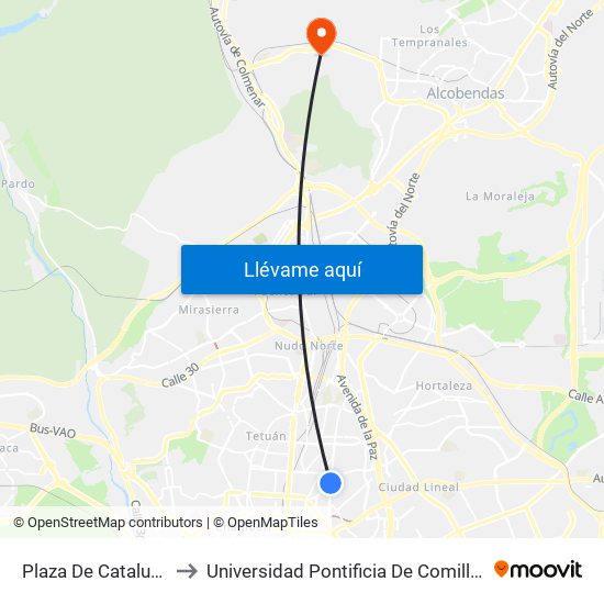 Plaza De Cataluña to Universidad Pontificia De Comillas map