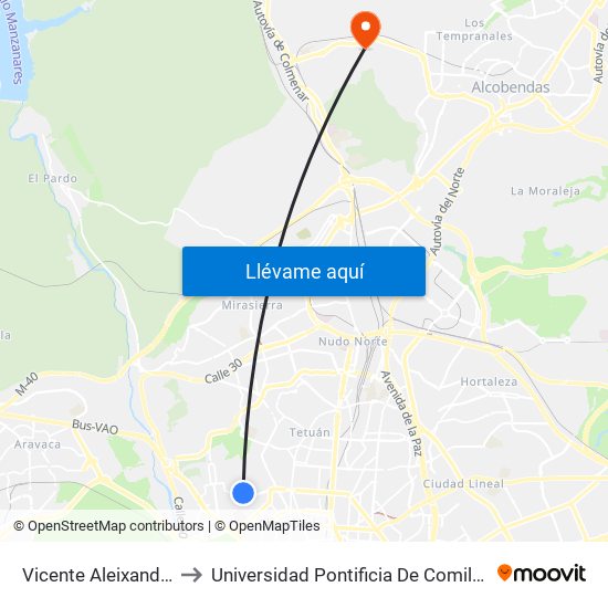 Vicente Aleixandre to Universidad Pontificia De Comillas map