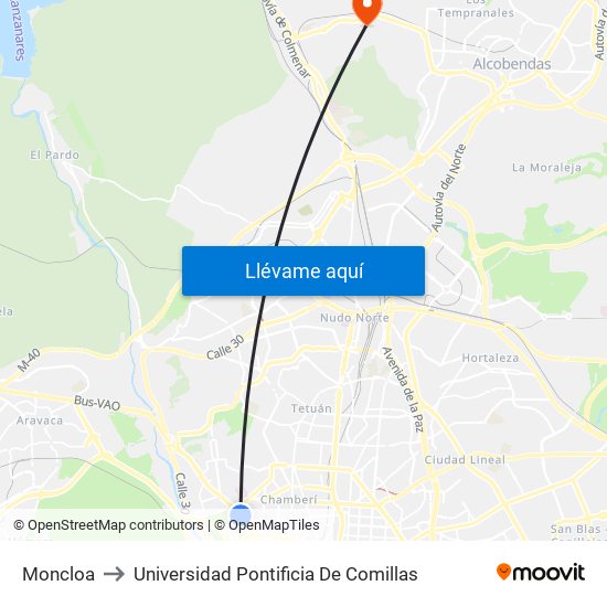 Moncloa to Universidad Pontificia De Comillas map
