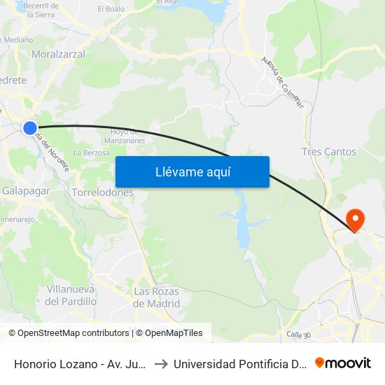 Honorio Lozano - Av. Juan Carlos I to Universidad Pontificia De Comillas map