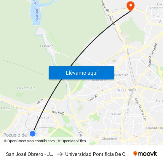 San José Obrero - Júpiter to Universidad Pontificia De Comillas map