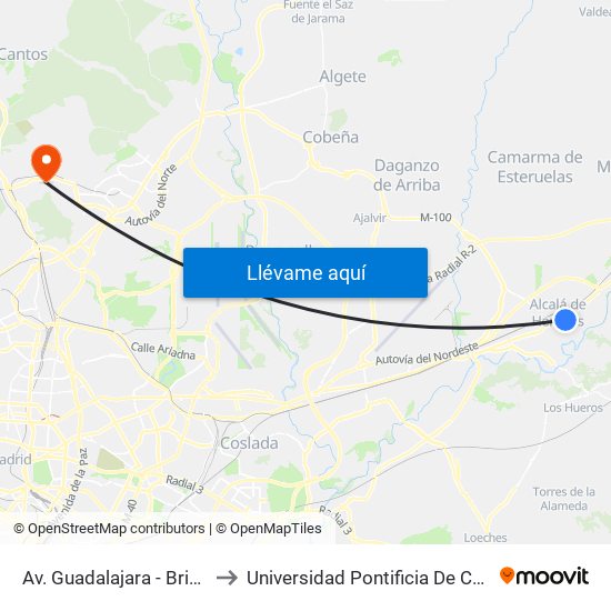 Av. Guadalajara - Brihuega to Universidad Pontificia De Comillas map
