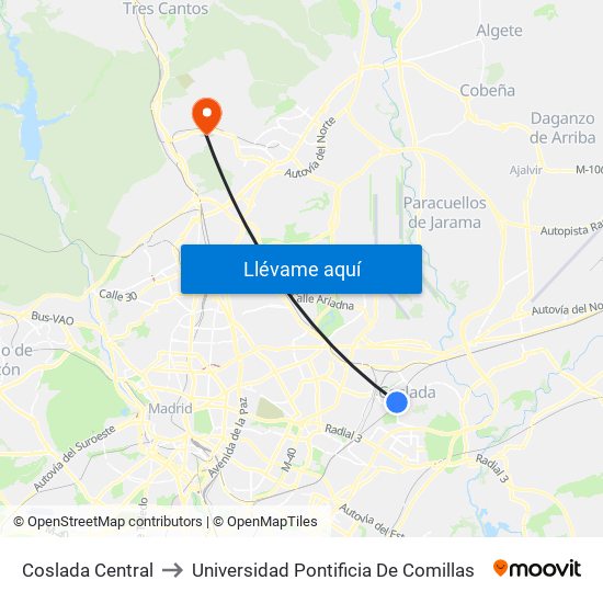 Coslada Central to Universidad Pontificia De Comillas map