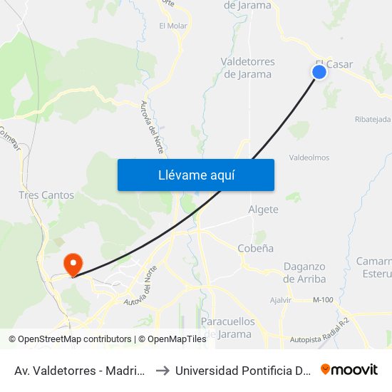 Av. Valdetorres - Madrid, El Casar to Universidad Pontificia De Comillas map