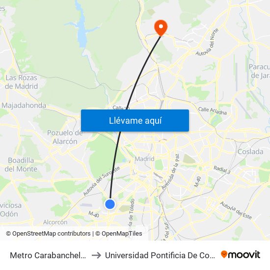 Metro Carabanchel Alto to Universidad Pontificia De Comillas map