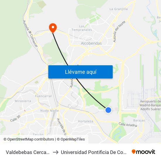 Valdebebas Cercanías to Universidad Pontificia De Comillas map