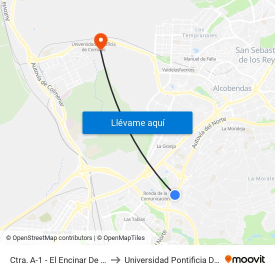 Ctra. A-1 - El Encinar De Los Reyes to Universidad Pontificia De Comillas map