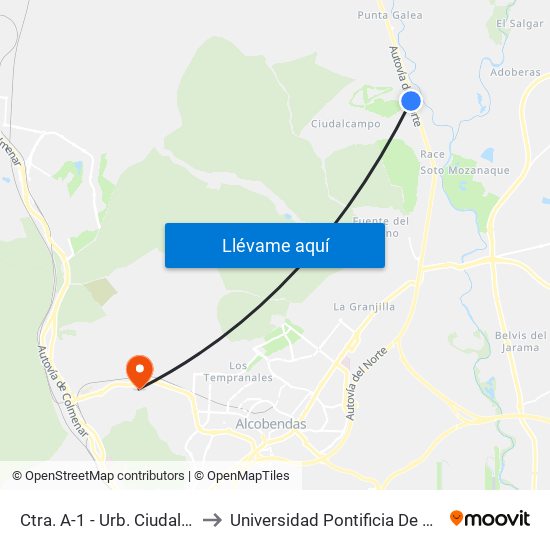 Ctra. A-1 - Urb. Ciudalcampo to Universidad Pontificia De Comillas map