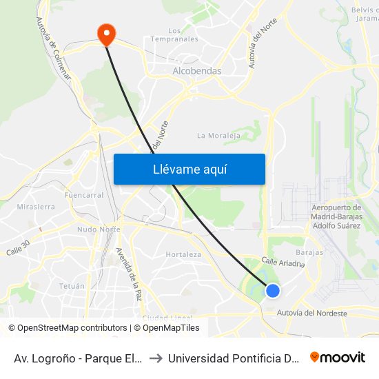 Av. Logroño - Parque El Capricho to Universidad Pontificia De Comillas map