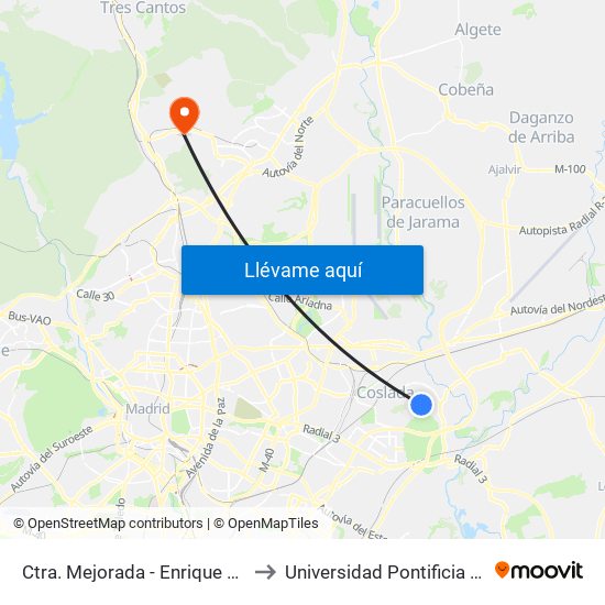Ctra. Mejorada - Enrique Tierno Galván to Universidad Pontificia De Comillas map