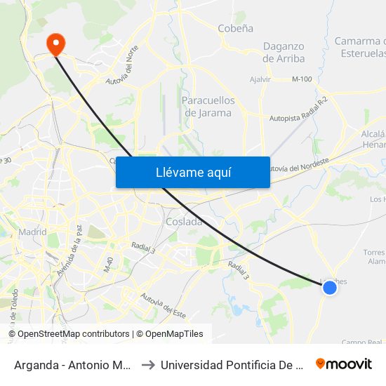 Arganda - Antonio Machado to Universidad Pontificia De Comillas map