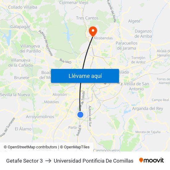 Getafe Sector 3 to Universidad Pontificia De Comillas map