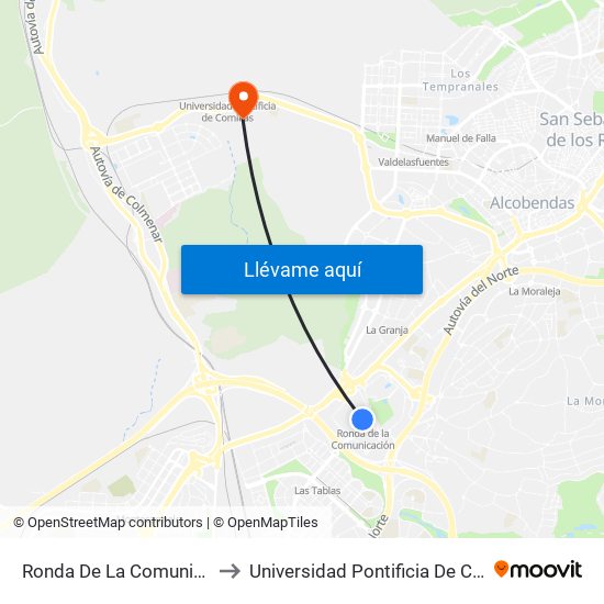 Ronda De La Comunicación to Universidad Pontificia De Comillas map