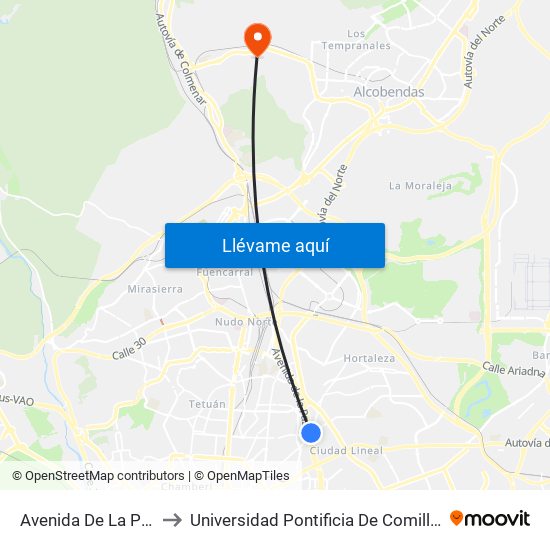 Avenida De La Paz to Universidad Pontificia De Comillas map
