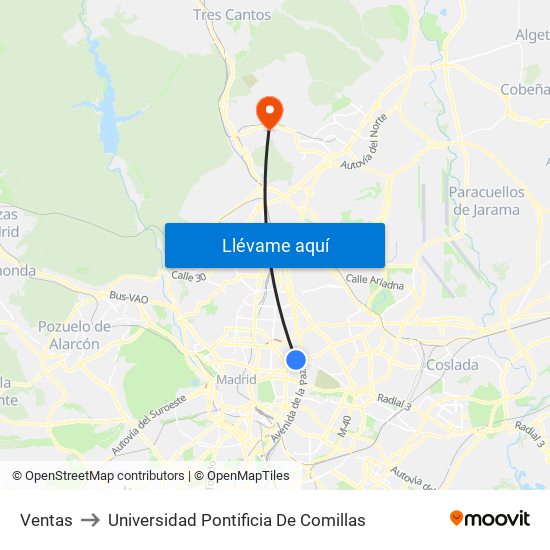 Ventas to Universidad Pontificia De Comillas map