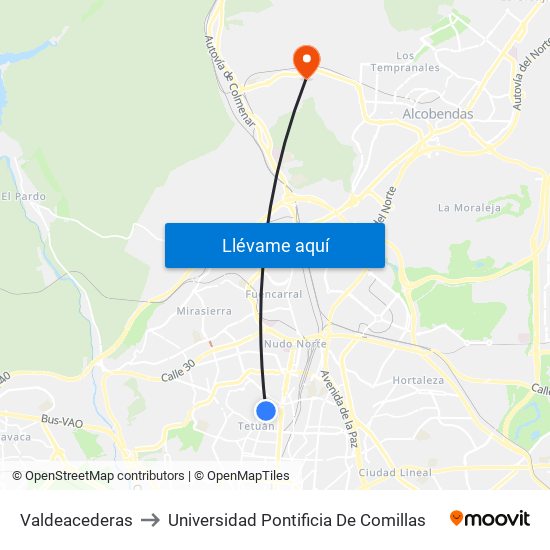 Valdeacederas to Universidad Pontificia De Comillas map