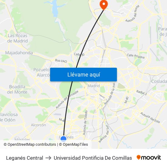 Leganés Central to Universidad Pontificia De Comillas map