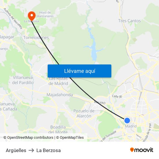 Argüelles to La Berzosa map