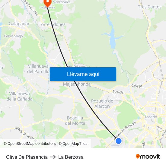 Oliva De Plasencia to La Berzosa map