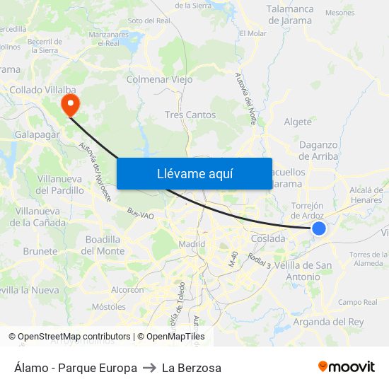 Álamo - Parque Europa to La Berzosa map