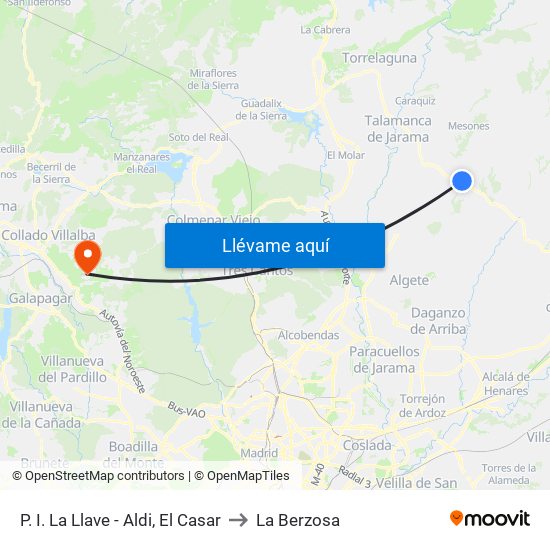 P. I. La Llave - Aldi, El Casar to La Berzosa map
