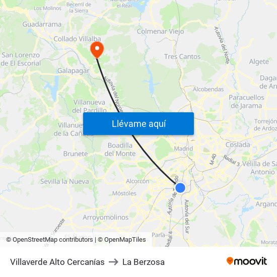Villaverde Alto Cercanías to La Berzosa map